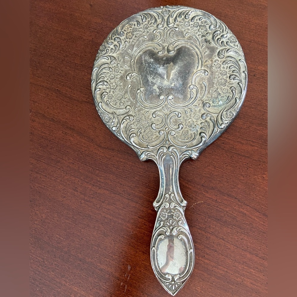 Vintage Art Deco Victorian Style Silver Plate Metal Hand Mirror Heavy 9 1/2"